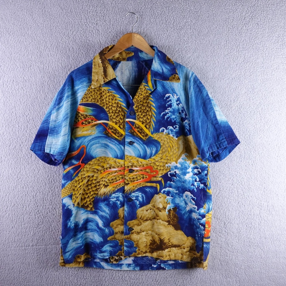 Mens Vintage Dragon Print Short Sleeve Button‎ Up Shirt Blue Gold Bark Cloth